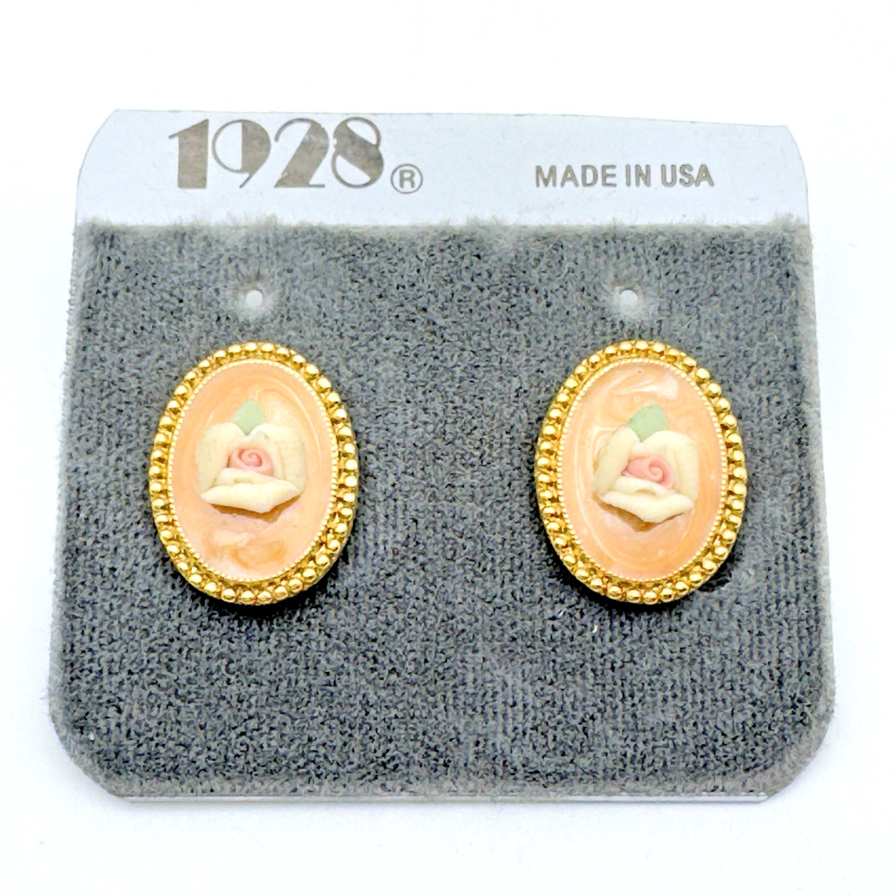 Vintage 1928 Brand Earrings Rose Pierced Peach Enamel .75" New On Card